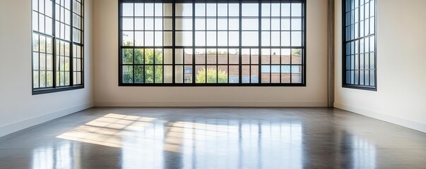 Loft with metal-framed windows and concrete floors, urban elegance, industrial design