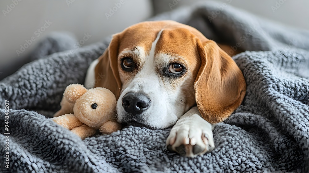 Poster peaceful and content beagle dog breed resting on a soft cozy blanket with a plush toy with ample cop