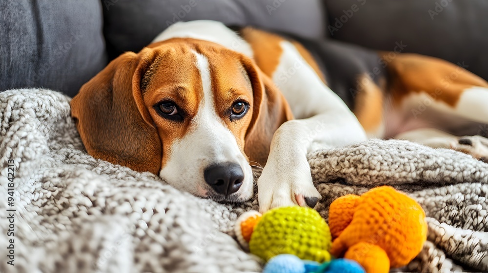 Poster adorable beagle dog relaxing on soft blanket with toy resting peacefully in a calm and comfortable h