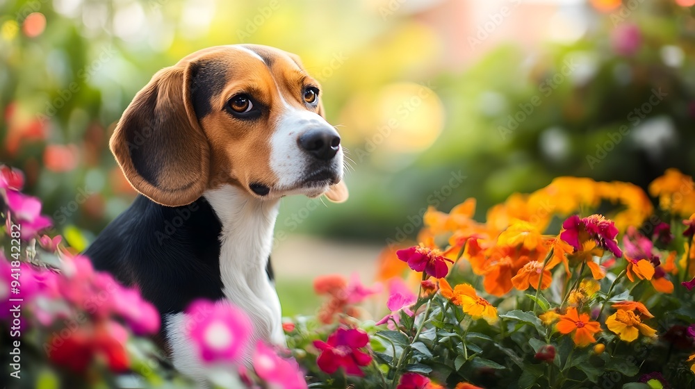 Poster adorable beagle dog exploring and sniffing around a colorful lush flower garden with plenty of open 