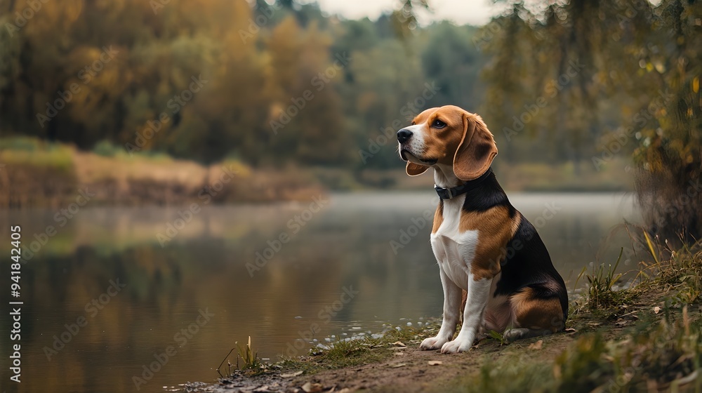Poster a curious and adorable beagle dog sitting by a serene and tranquil pond with a thoughtful expression