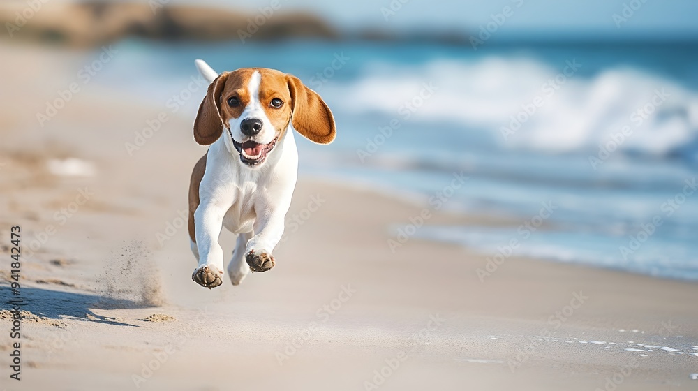Poster energetic beagle happily running and playing on a sunny sandy beach with ocean waves crashing in the