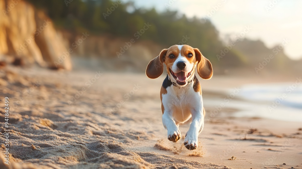 Poster energetic and playful beagle dog running along a sandy beach with the ocean in the background creati