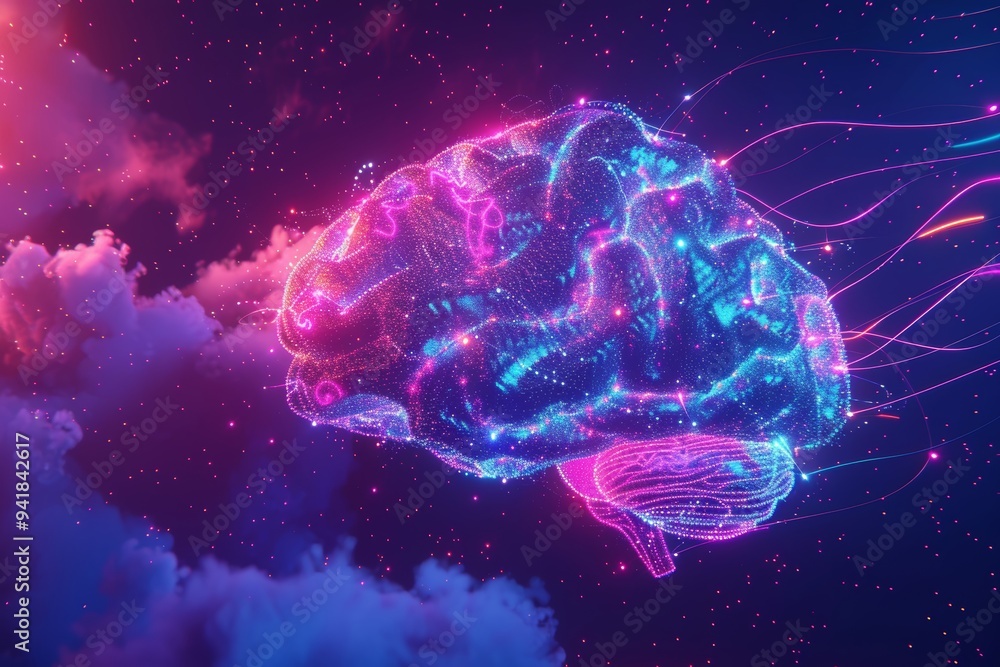 Poster a luminous visual representation of a human brain with interconnected neural pathways, set against a