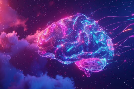 A luminous visual representation of a human brain with interconnected neural pathways, set against a starry cosmic background.