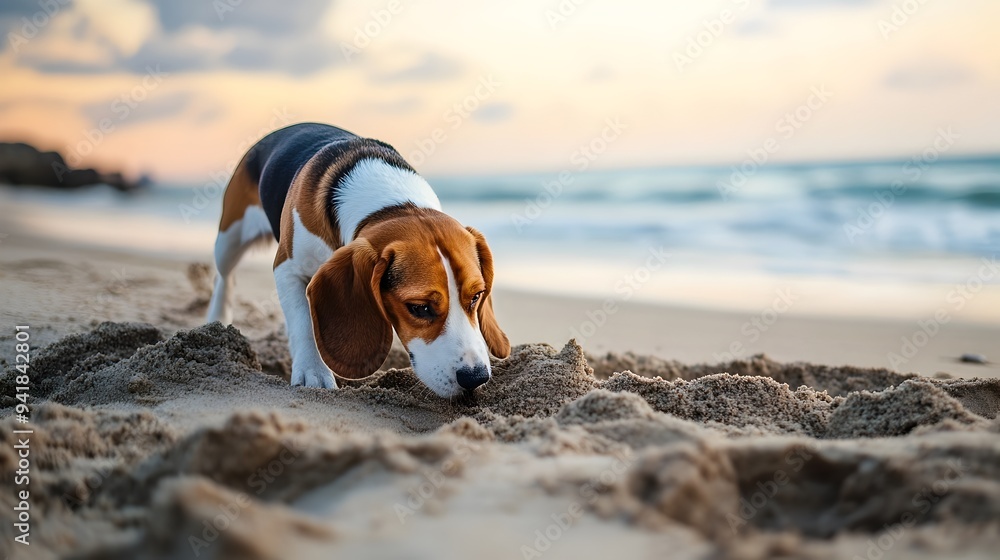 Poster beagle dog exploring and digging in the sand at the sunny beach with the ocean in the background cre