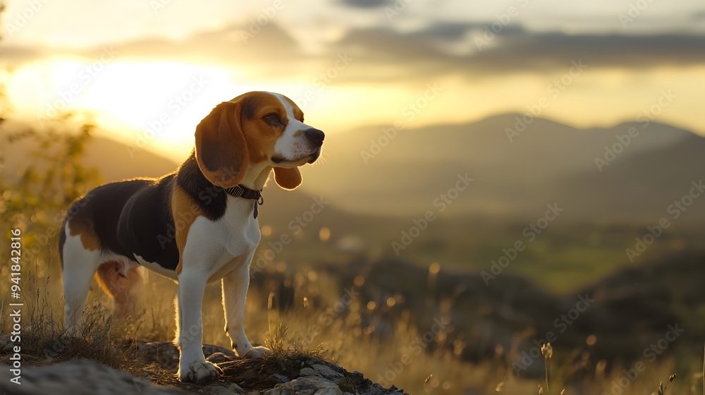 Poster carefree beagle enjoying the tranquil hilltop scenery with the wind blowing through its soft fluffy 