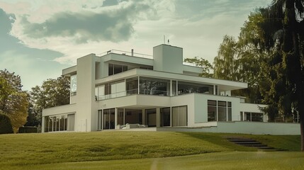 A sophisticated modern mansion with expansive glass windows, minimalist design, set amidst rich green surroundings exemplifying luxury and elegance.