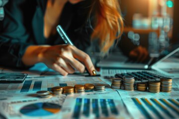 A person sitting at a table with coins and a calculator, possibly doing finances or budgeting