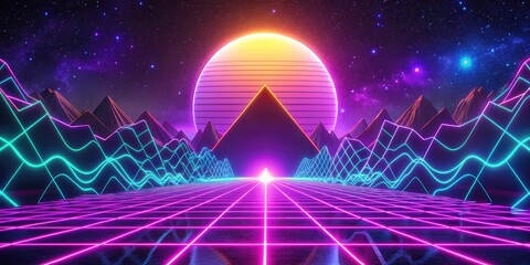 Neon Nostalgia: Glowing lights, 80s vibe, retro futurism, pulsating purple, vibrant