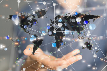 abstract lines with dots over dark background.