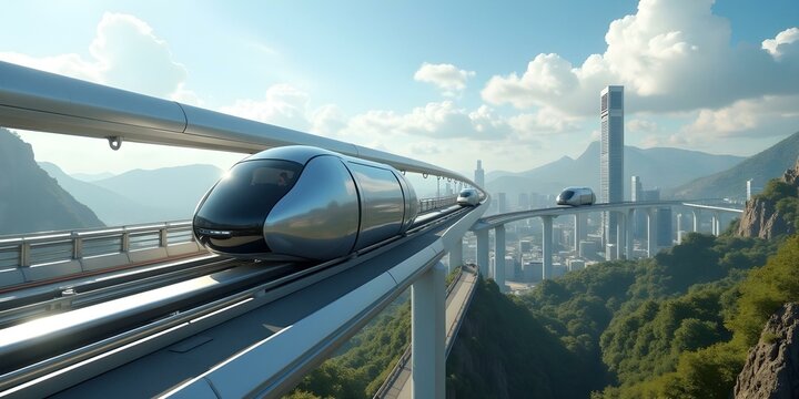 A hyperloop transportation system featuring sleek pod-like vehicles, designed for high-speed travel between urban centers with minimal environmental impact