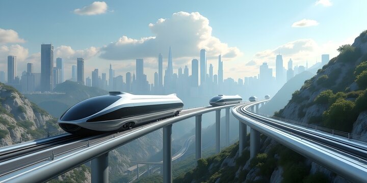 A hyperloop transportation system featuring sleek pod-like vehicles, designed for high-speed travel between urban centers with minimal environmental impact