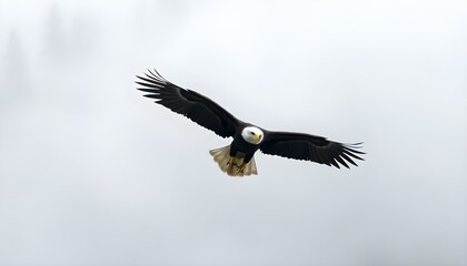 Obraz premium A majestic eagle captured in mid-flight, soaring gracefully against a clear blue sky, showcasing its powerful wings and keen presence