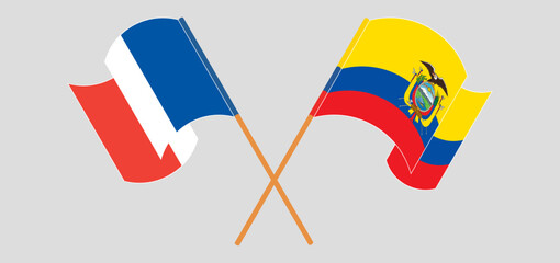 Crossed and waving flags of France and Republic of Ecuador