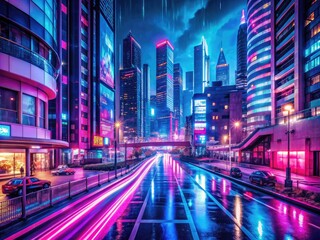 Neon Splendor: Vibrant city lights, urban energy, cyberpunk, pink and blue hues, street photography