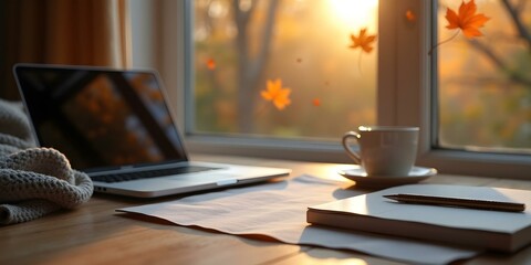 Obraz premium A minimalist home office setup featuring a laptop, notebook, and simple decor, creating an organized and inspiring workspace