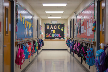 A row of colorful backpacks hanging on hooks in a school hallway, with a blackboard at the end of the hall featuring a bright and welcoming "Back to School" message