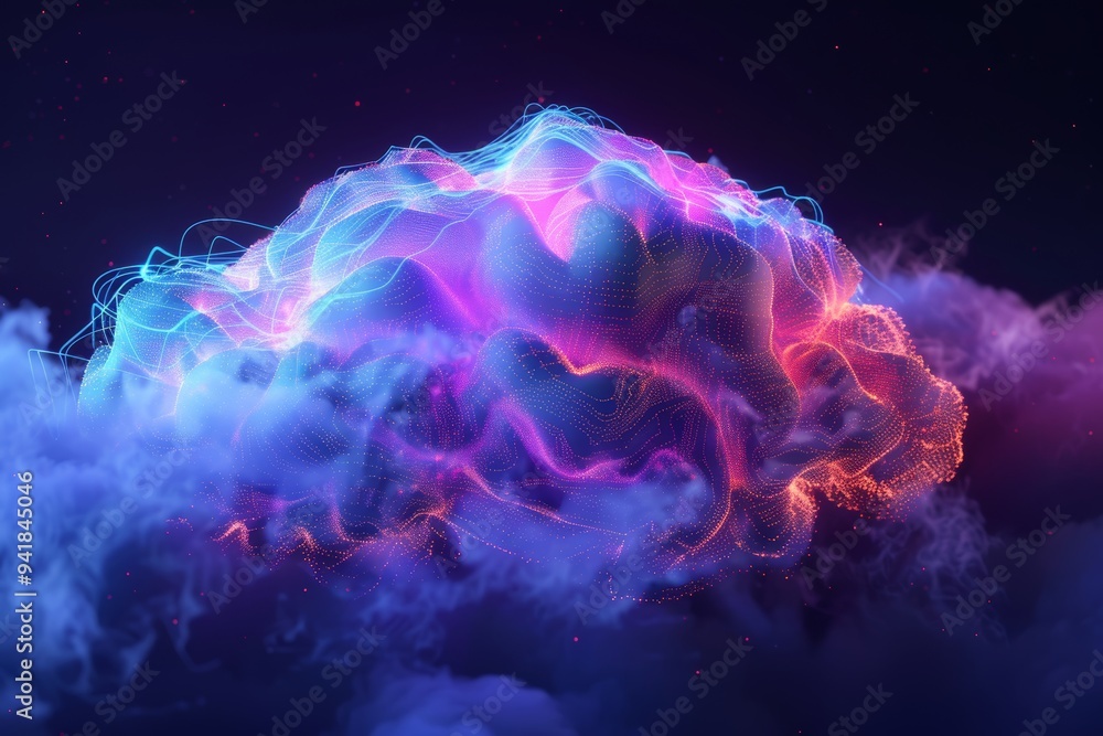 Poster an abstract digital art depicting a colorful and dynamic cloud with neon lights and intricate data e