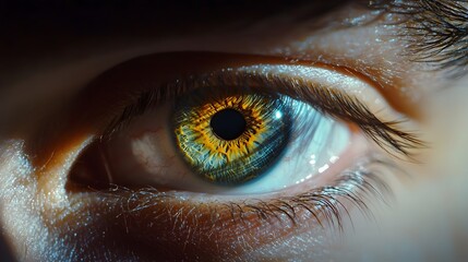 Close-up of a human eye with vibrant orange and blue iris colors.