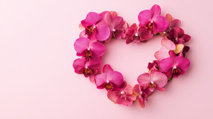 Obraz premium Orchid flowers shaped into a heart on pink Valentine's Day background. Flat lay. 
