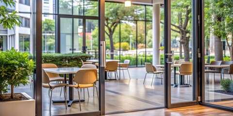Obraz premium Indoor View of Outdoor Cafe Through Glass Door, Glass Door, Interior Design, Coffee Shop , Restaurant