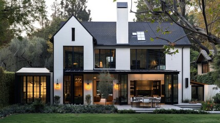 A sophisticated modern residence with a black roof, white walls, and an expansive backyard patio designed for outdoor living and entertainment. Ideal for stylish families.