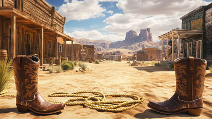 A Wild West background image scene with a dusty Main Street and desert mountains and clouds in the distance- a cowboy town backdrop - cowboy boots and a rope in the foreground, a ghost town, copyspace