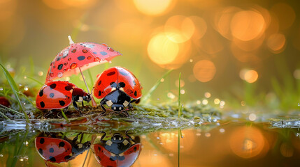 Ladybugs gather beneath a small umbrella during a gentle rain shower