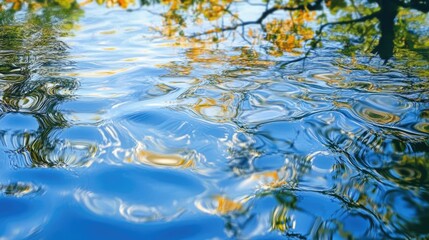 Close-up of small, rippling waves on a pond with reflections of surrounding foliage and blue sky -
