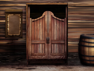 A Wild West saloon door background image scene with a blank sign and a barrel - swinging wood doors with copyspace 