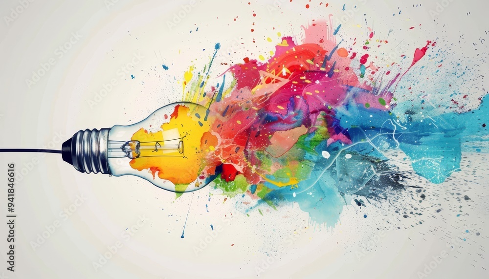 Poster a light bulb bursting with colorful splashes, representing creativity, innovation, and dynamic expre