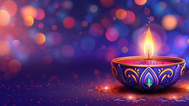 Colorful happy diwali diya oil lamp with flame festive bokeh lights copy space hindu festival celebration - Powered by Adobe