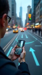Obraz premium A person using an AI-powered mobile app to navigate, showcasing advanced technology that enhances travel and exploration