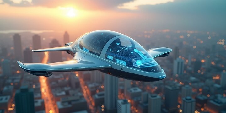 A personal flying vehicle hovering above a futuristic cityscape, showcasing advanced technology and innovative transportation solutions