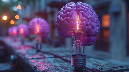Purple glowing light bulbs shaped like brains are arranged in a city setting, symbolizing creativity, innovation, and knowledge.