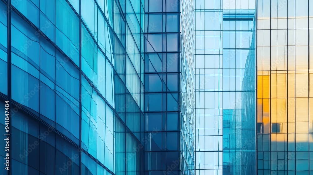 Poster close-up of the facade of a modern skyscraper with reflective glass windows and geometric patterns -