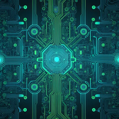 Fototapeta premium Futuristic Circuit Board Pattern in Neon Blue and Green - Intricate T-shirt Design for Tech Lovers.