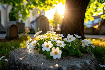 A tombstone in a churchyard, surrounded by blooming flowers and old trees, with sunlight streaming through the branches