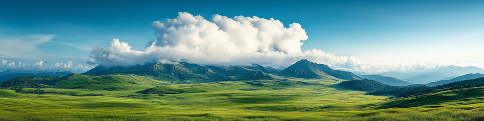 Fototapeta premium Breathtaking panoramic landscape showcasing lush greenery and majestic mountains under a bright blue sky with fluffy clouds.