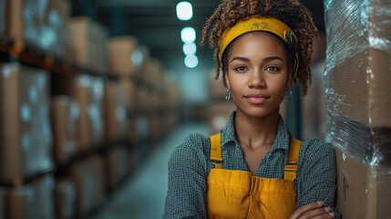 warehouse employee putting on working helmet female warehouse worker standing in warehouse vertical view.stock image