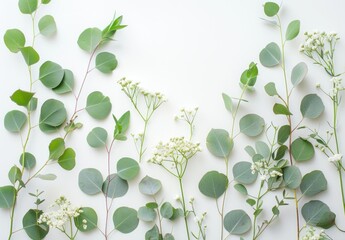 Delicate green and white foliage arranged artistically on a clean white background