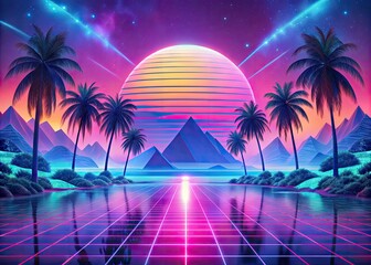 Naklejka premium Nostalgic Neon Dreamscape: Retro, Dreamy, Pastel, Futuristic, Vaporwave