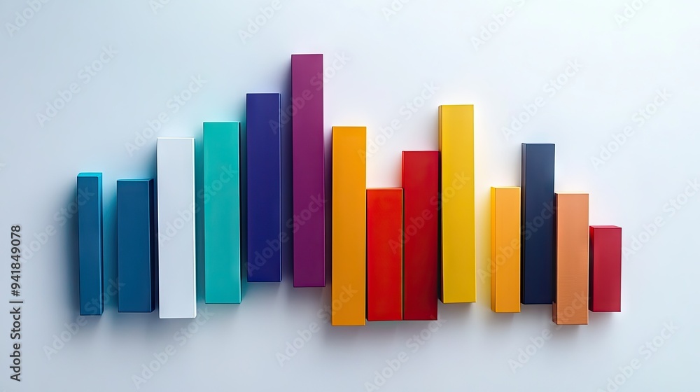 Poster creative bar graph made from colorful blocks, set against a white minimalist background