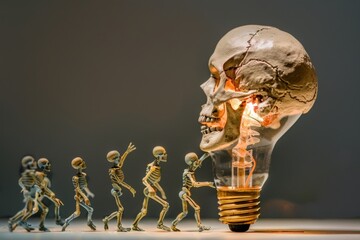 Marching skeletons head toward a gigantic lightbulb encasing a skull, blending gothic humor and creativity in visuals.