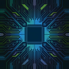 Futuristic Circuit Board Pattern in Neon Blue and Green - Intricate T-shirt Design for Tech Lovers.