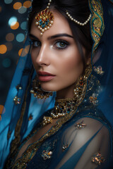 A woman wearing a blue and gold headpiece and a blue dress