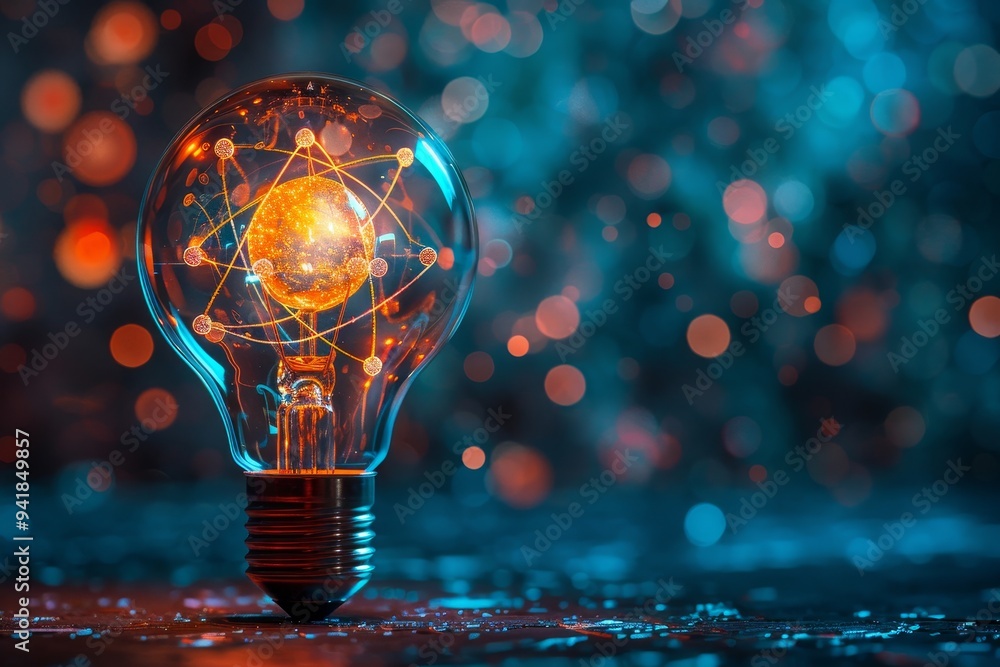 Poster fascinating light bulb shines with a central atom-like structure, set against a dynamic bokeh backgr