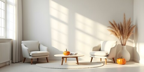 Fototapeta premium A simple, stylish room featuring neutral-colored furniture, creating a calm and inviting atmosphere perfect for relaxation