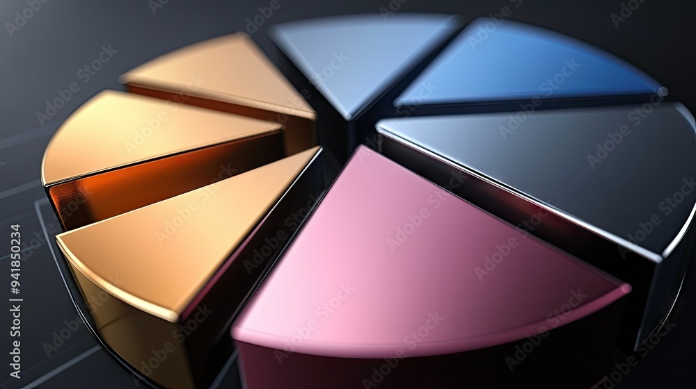 Poster detailed 3d pie chart with metallic textures, each segment separated slightly, dark background